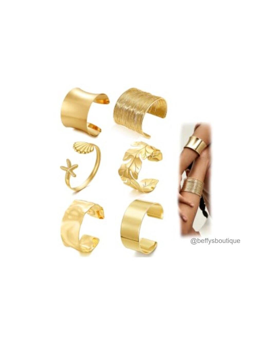 6pc 14K Gold Plated Cuff Bracelet Set Adjustable Bohemian Stackable Bangles